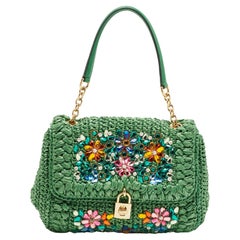 Dolce & Gabbana Green Straw Crystal Embellished Miss Bonita Shoulder Bag