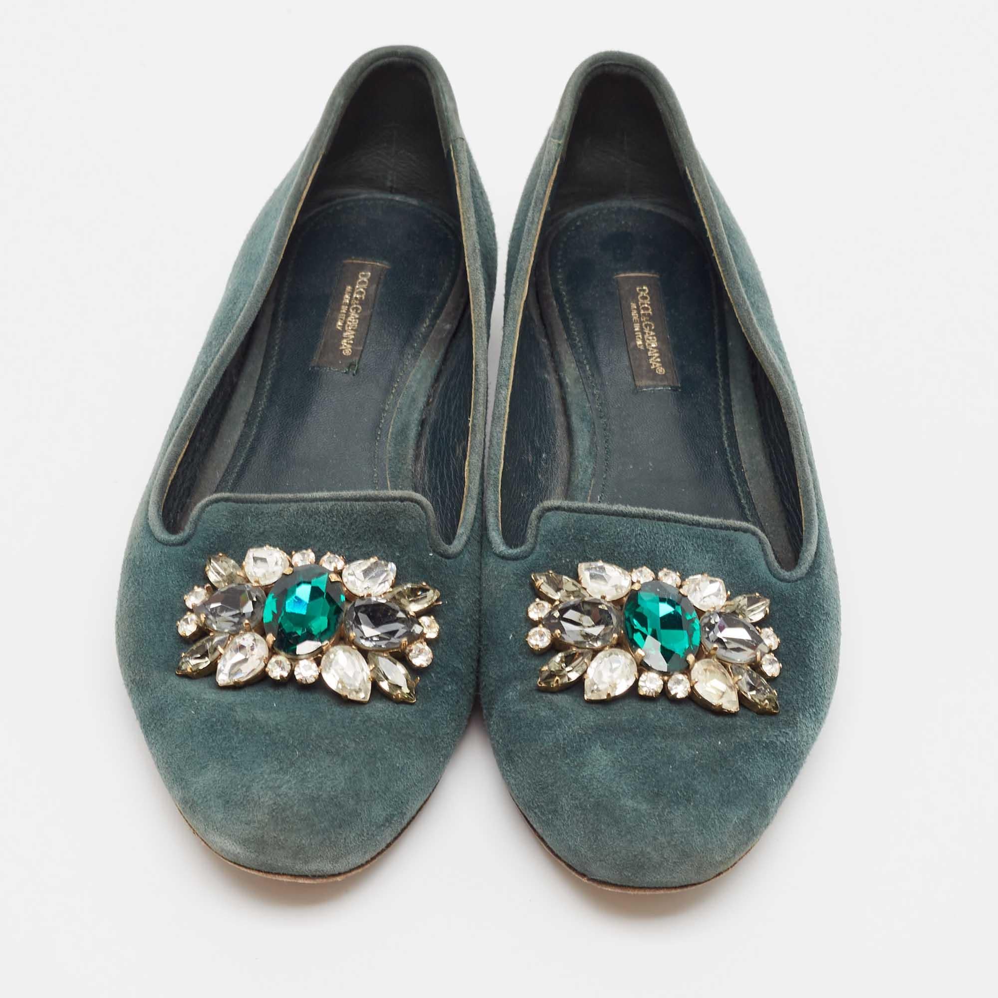 Gray Dolce & Gabbana Green Suede Crystal Embellished Flats Size 37 For Sale