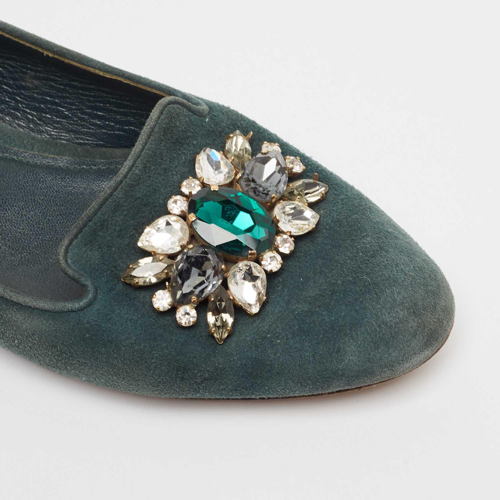 Dolce & Gabbana Green Suede Crystal Embellished Flats Size 37 For Sale 2