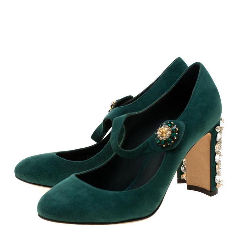 Dolce and Gabbana Green Suede Crystal Embellished Mary Jane Pumps Size ...
