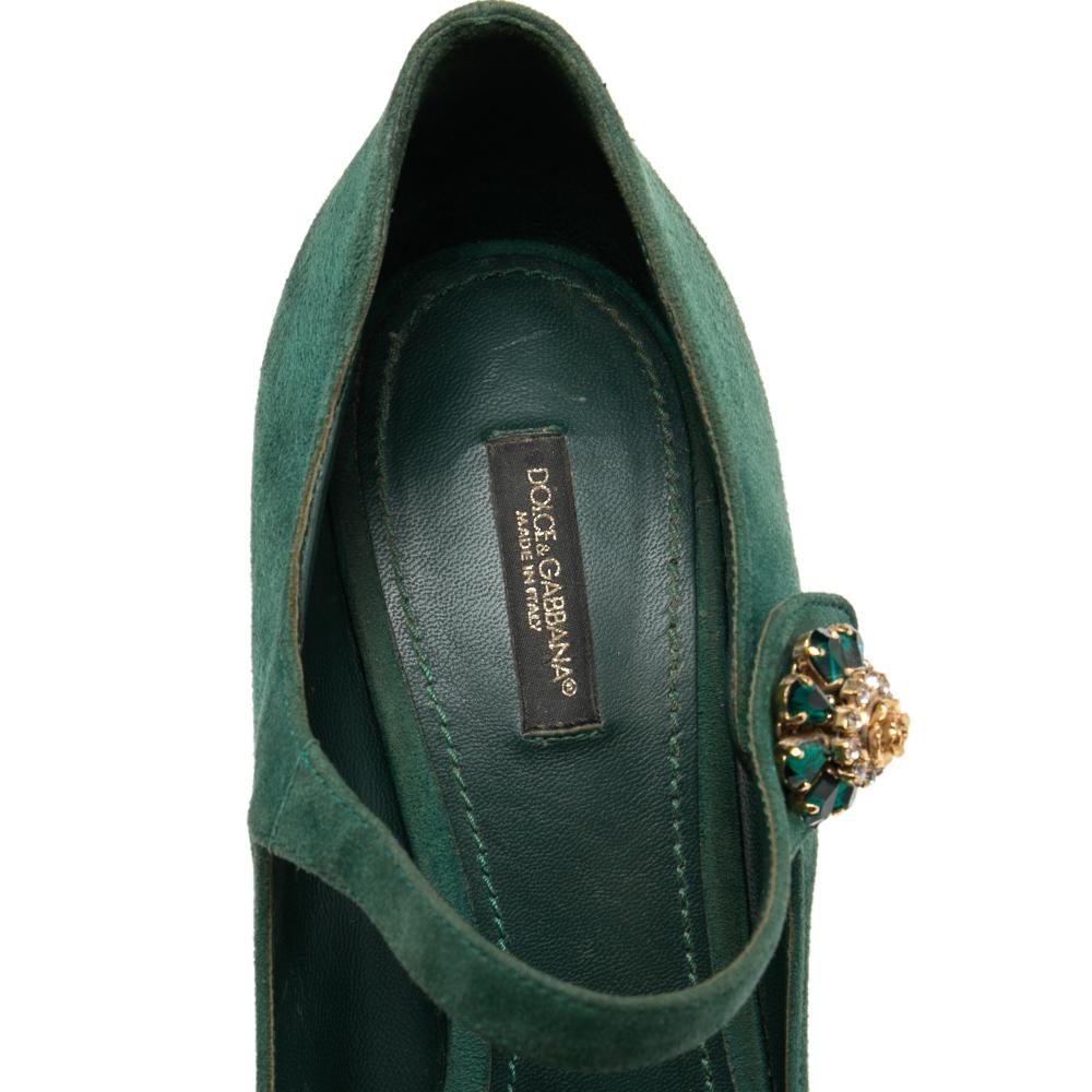 Black Dolce & Gabbana Green Suede Crystal Embellished Mary Jane Pumps Size 40