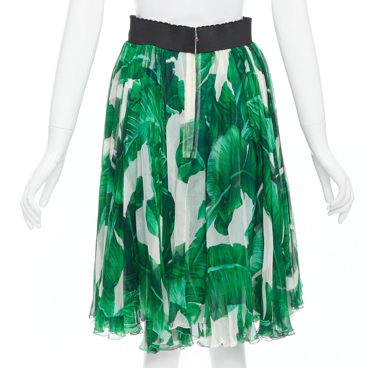 Donna DOLCE GABBANA gonna in chiffon di seta con stampa a foglie tropicali verde IT36 XXS in vendita
