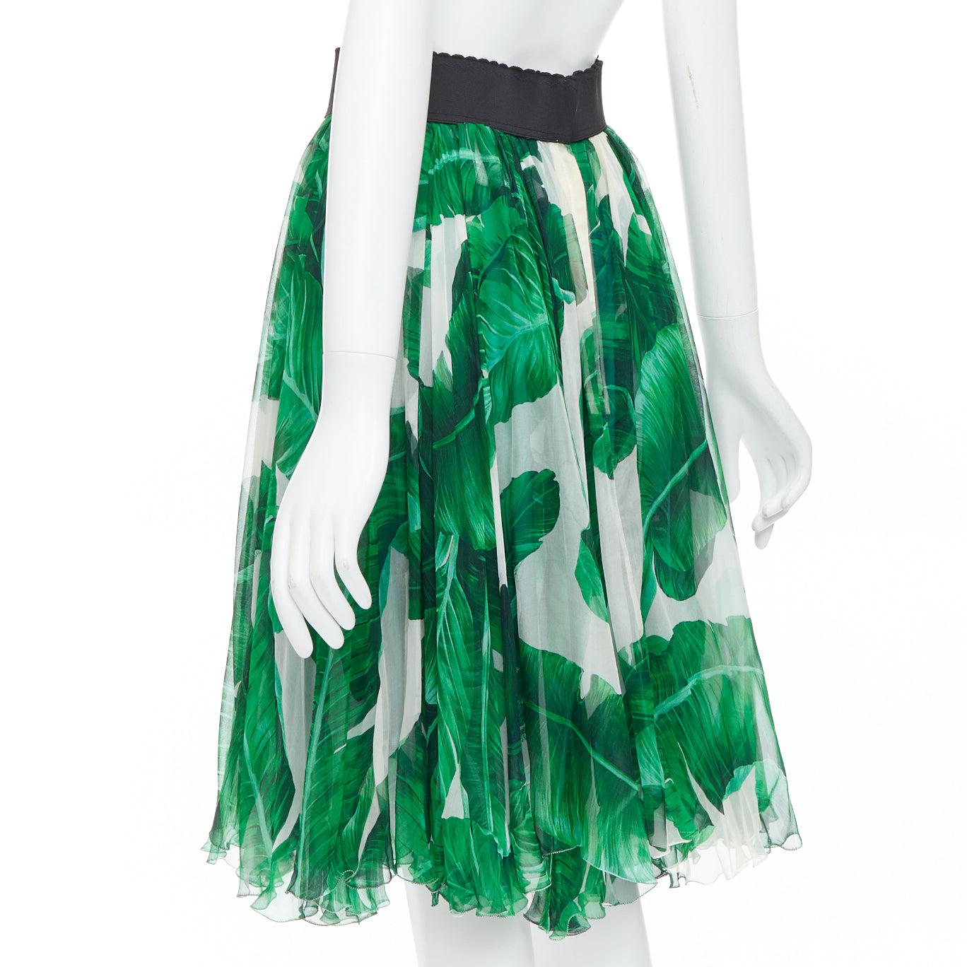 DOLCE GABBANA gonna in chiffon di seta con stampa a foglie tropicali verde IT36 XXS in vendita 1