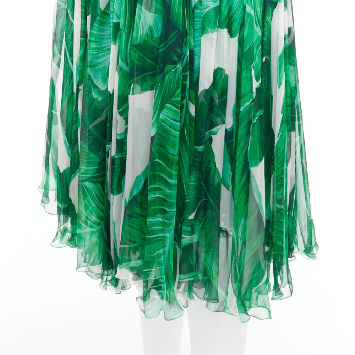 DOLCE GABBANA gonna in chiffon di seta con stampa a foglie tropicali verde IT36 XXS in vendita 2