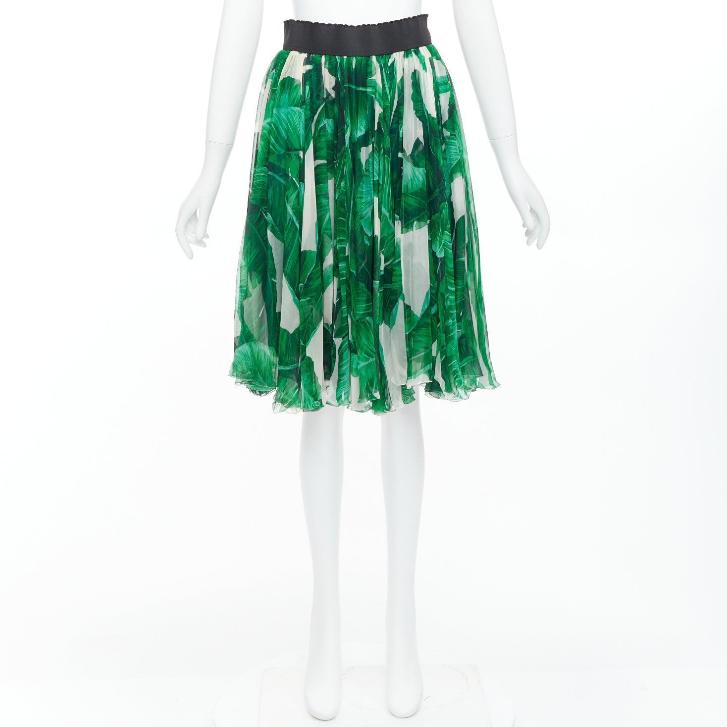DOLCE GABBANA gonna in chiffon di seta con stampa a foglie tropicali verde IT36 XXS in vendita 4