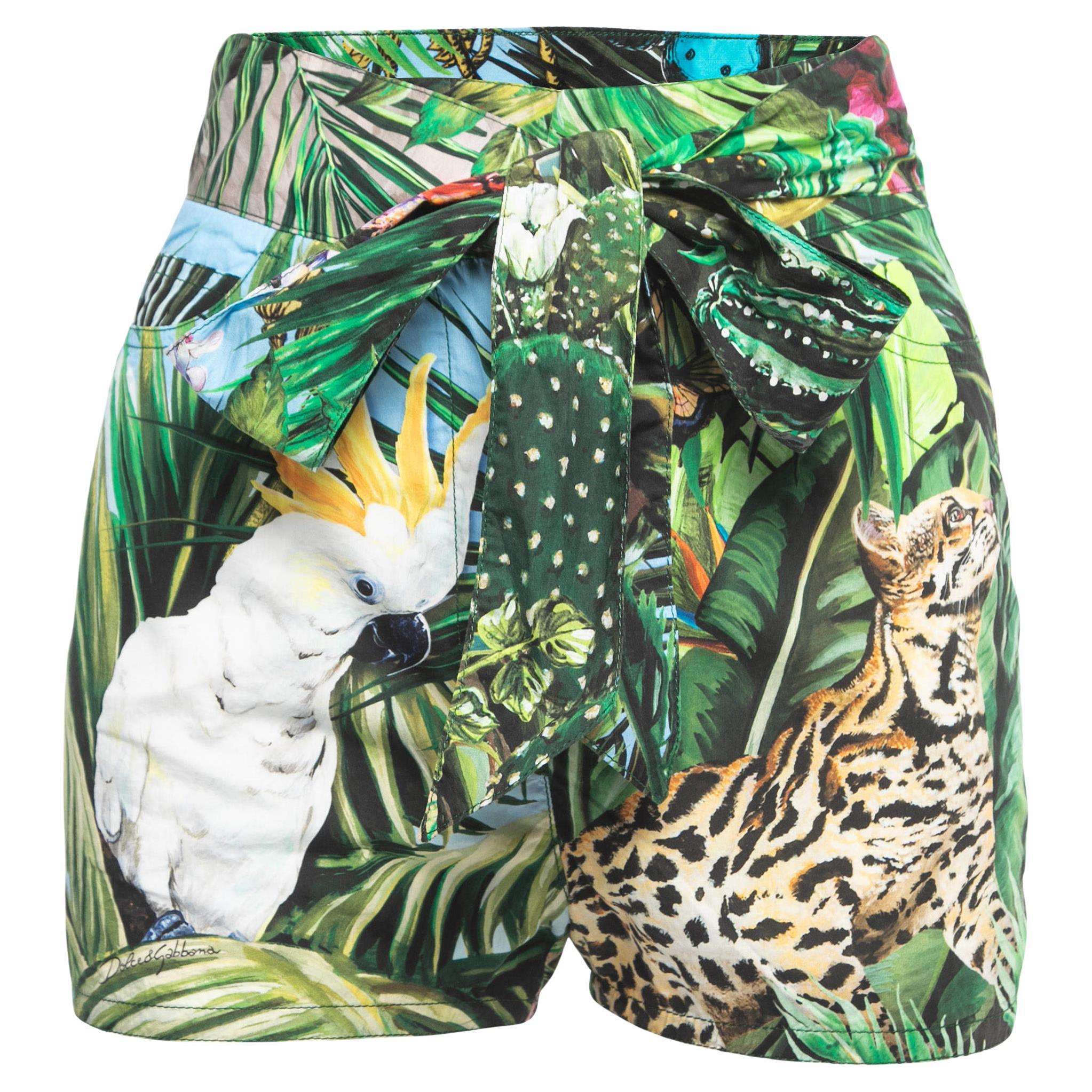 Dolce & Gabbana Green Tropical Printed Cotton Wrap Shorts S