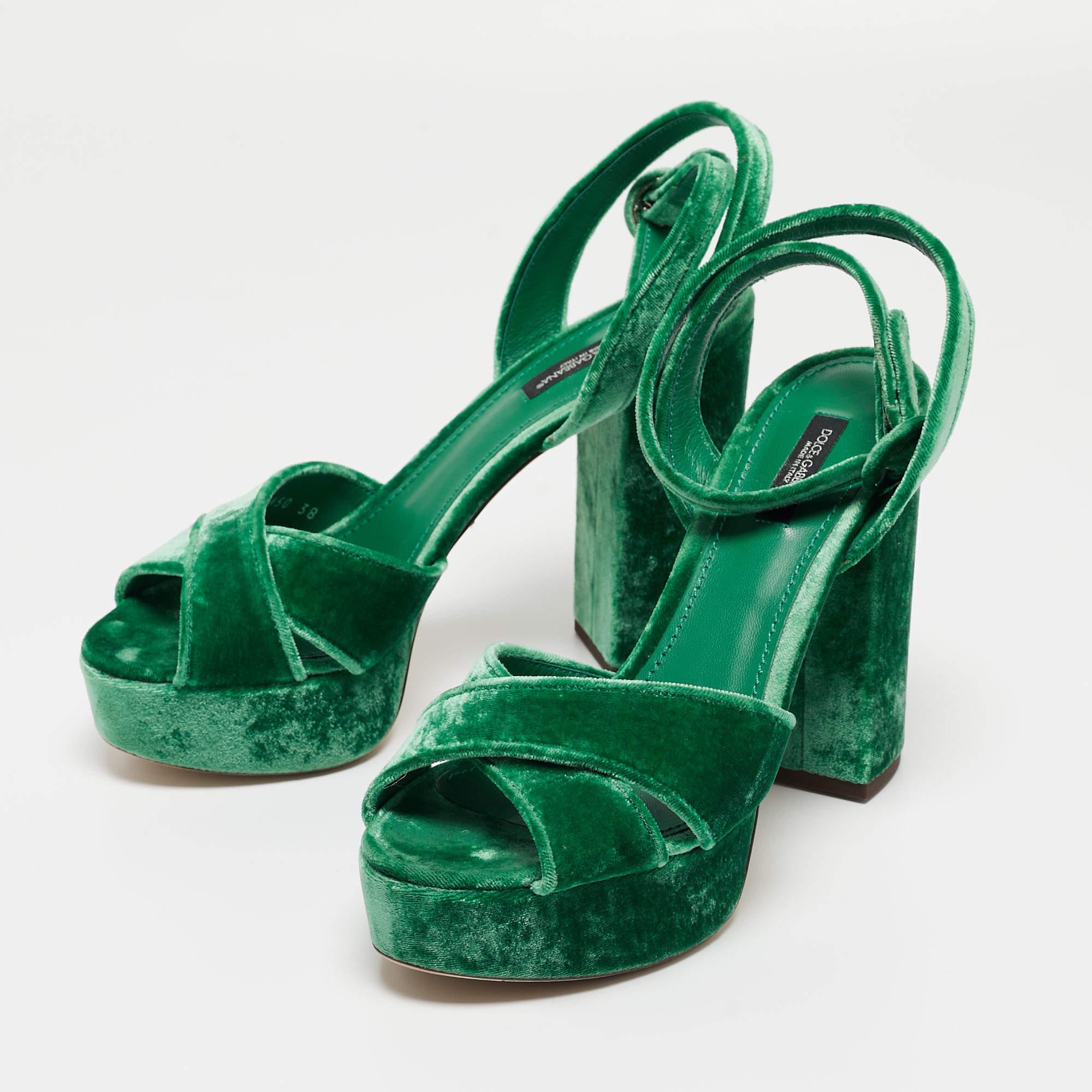 Women's Dolce & Gabbana Green Velvet Keira Platform Ankle Wrap Sandals Size 38