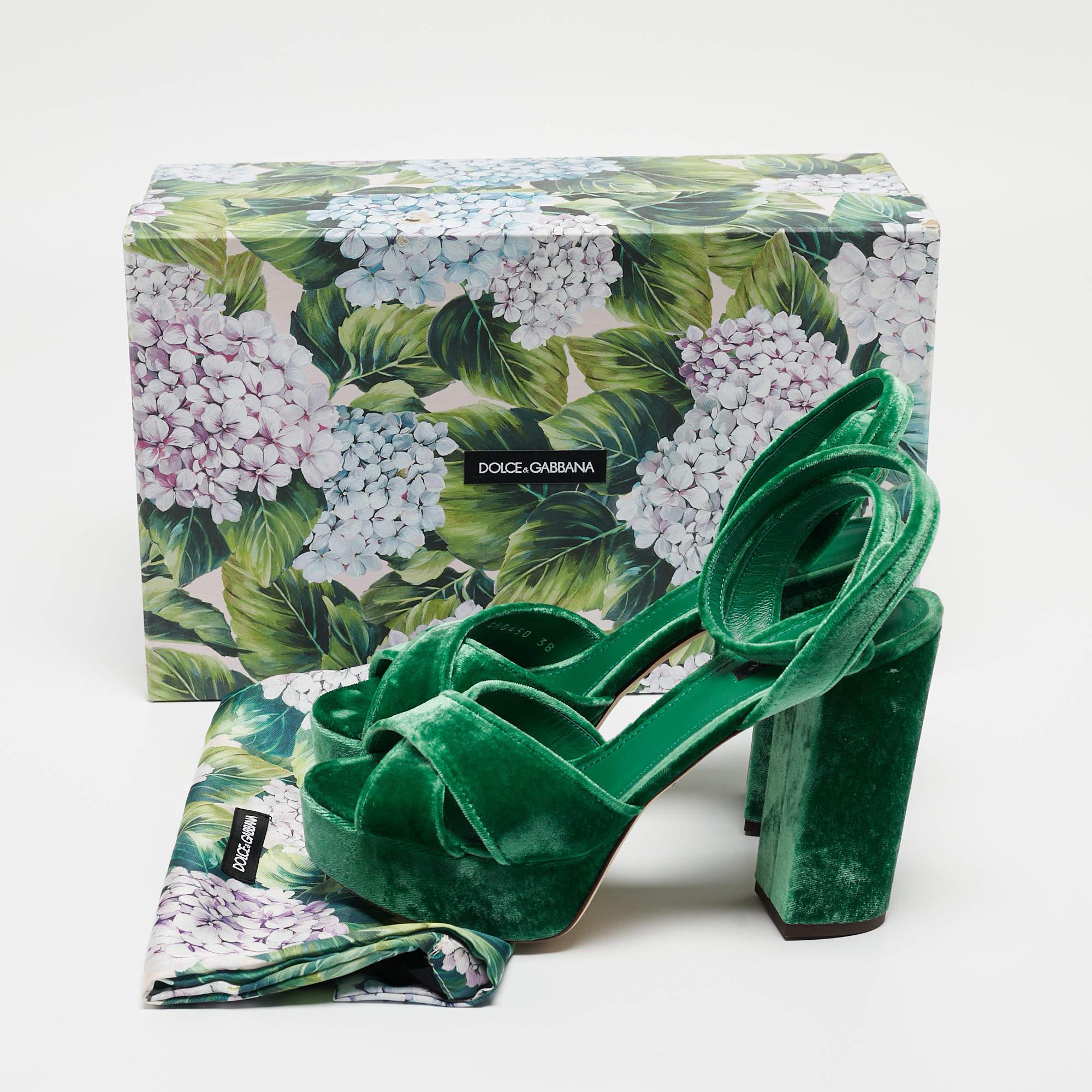 Dolce & Gabbana Green Velvet Keira Platform Ankle Wrap Sandals Size 38 2