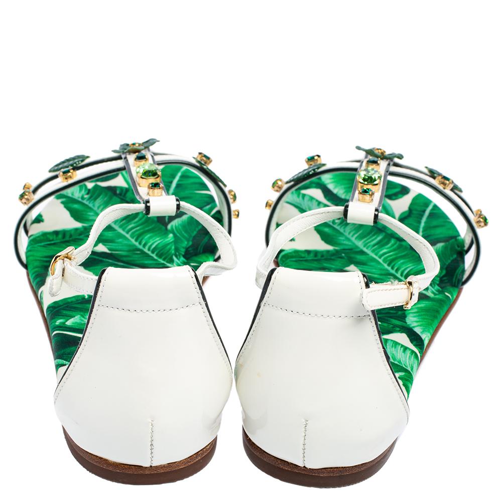 Blue Dolce & Gabbana Green/White Banana Leaf-Print Flat Ankle Strap Sandals Size 37
