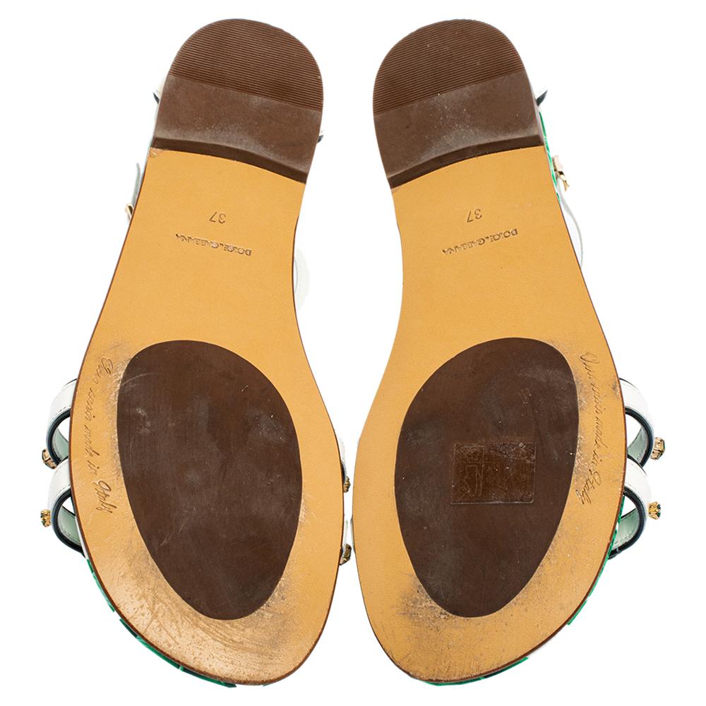 Dolce & Gabbana Green/White Banana Leaf-Print Flat Ankle Strap Sandals Size 37 In Good Condition In Dubai, Al Qouz 2