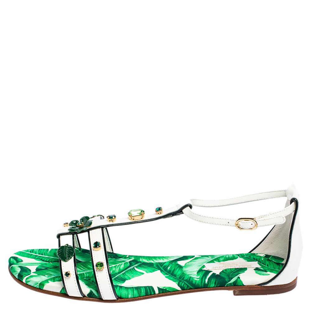 Women's Dolce & Gabbana Green/White Banana Leaf-Print Flat Ankle Strap Sandals Size 37