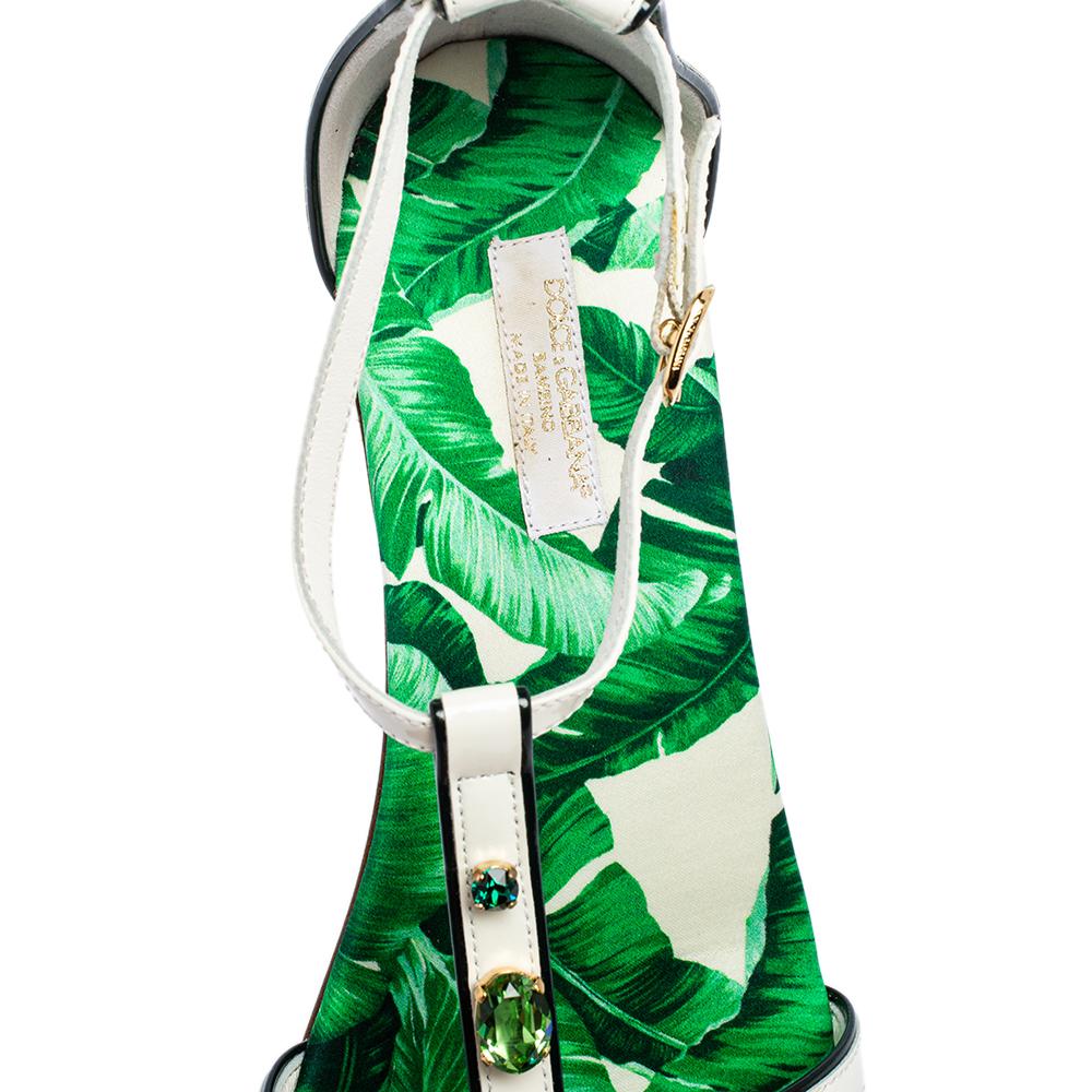 Dolce & Gabbana Green/White Banana Leaf-Print Flat Ankle Strap Sandals Size 37 1