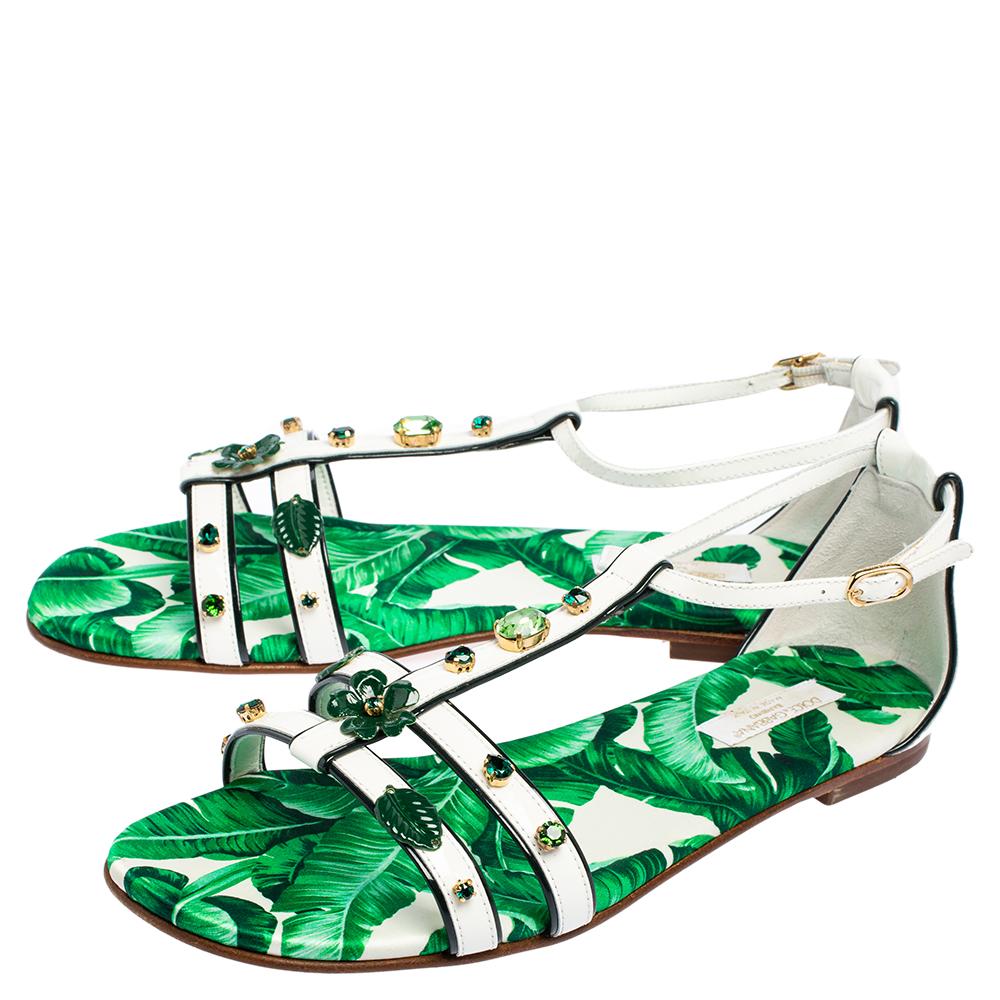 Dolce & Gabbana Green/White Banana Leaf-Print Flat Ankle Strap Sandals Size 37 2