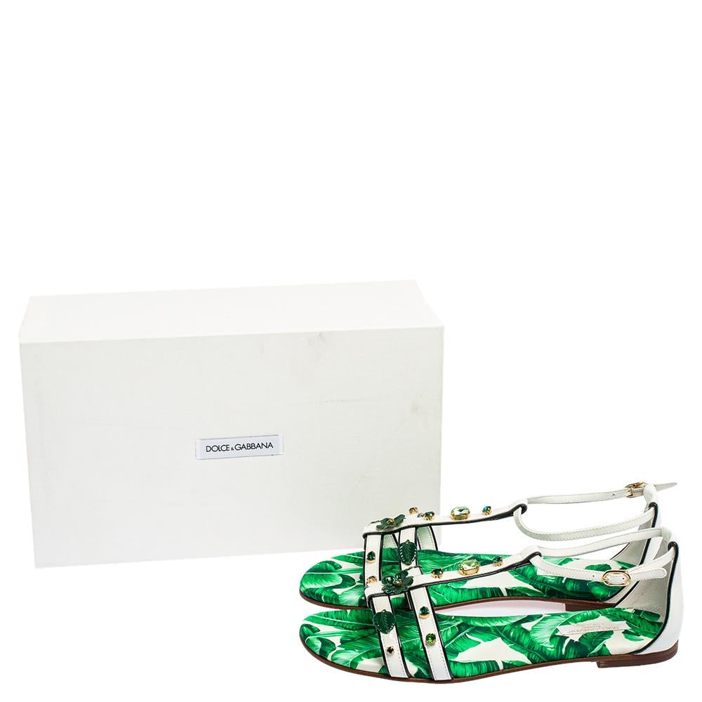 Dolce & Gabbana Green/White Banana Leaf-Print Flat Ankle Strap Sandals Size 37 3