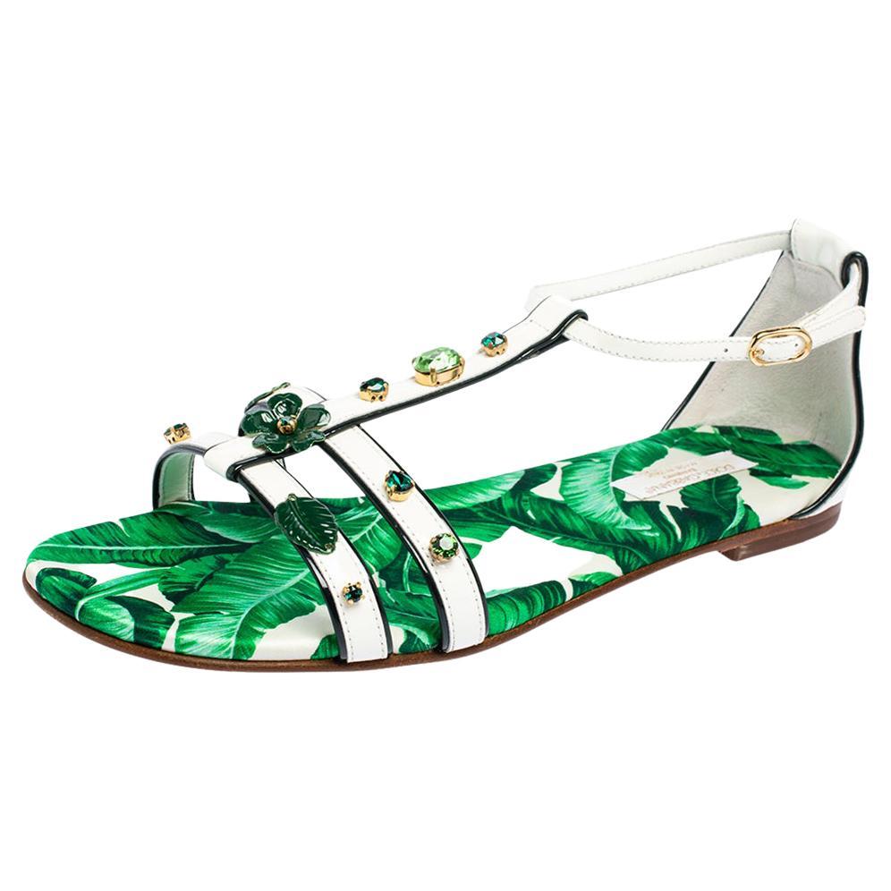 Dolce & Gabbana Green/White Banana Leaf-Print Flat Ankle Strap Sandals Size 37