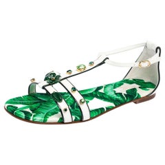 Dolce & Gabbana Green/White Banana Leaf-Print Flat Ankle Strap Sandals Size 37