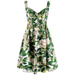 Dolce 
Gabbana Green 
White Floral Print Fit 
Flare Dress - Size Medium