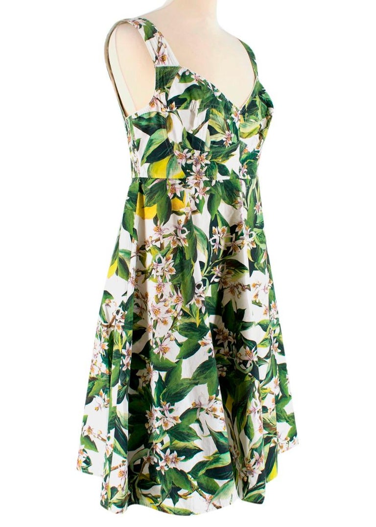 Dolce and Gabbana Green and White Floral Print Fit and Flare Dress XS ...