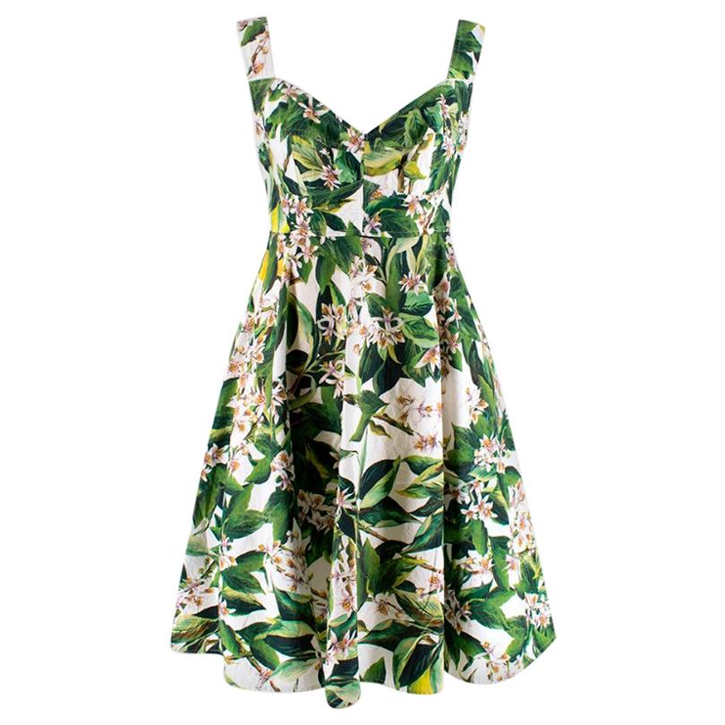Dolce and Gabbana Green and White Floral Print Fit and Flare Dress XS ...