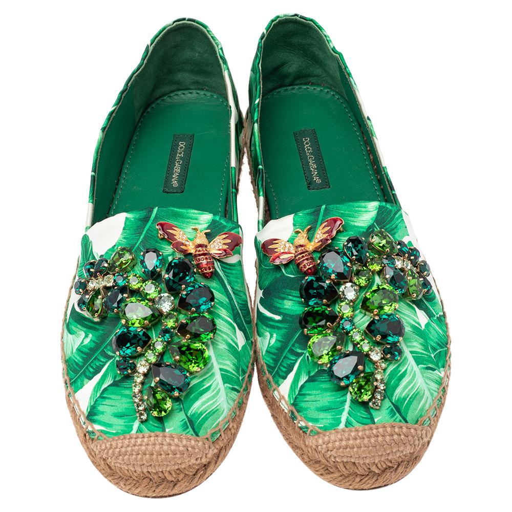 Black Dolce & Gabbana Green/White Floral Print Satin Embellished Espadrille Flats Size