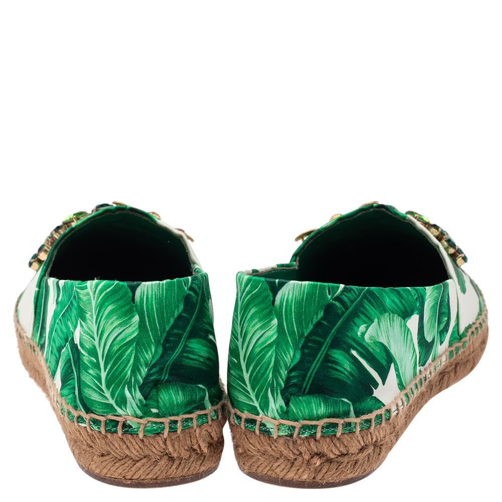 Dolce & Gabbana Green/White Floral Print Satin Embellished Espadrille Flats Size In Excellent Condition In Dubai, Al Qouz 2