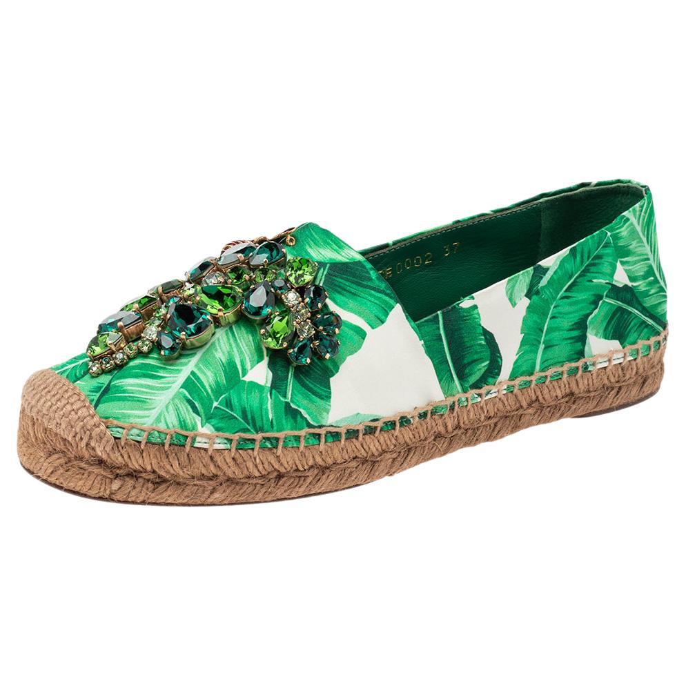 Dolce & Gabbana Green/White Floral Print Satin Embellished Espadrille Flats Size