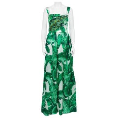 Dolce & Gabbana Green & White Palm Leaf Print Silk Embellished Gown M