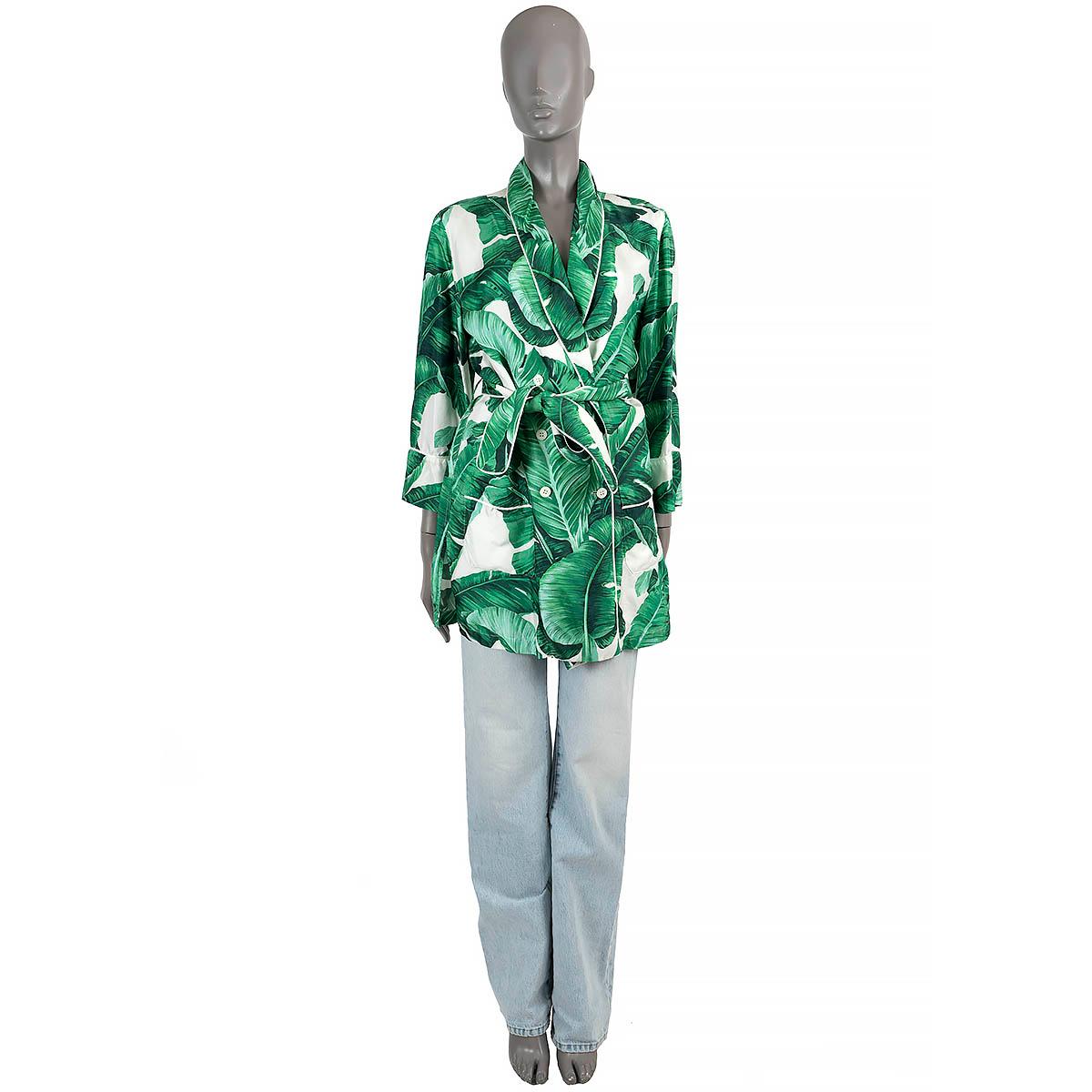 Women's DOLCE & GABBANA green & white silk 2016 BANANA LEAF BELTED Jacket M For Sale
