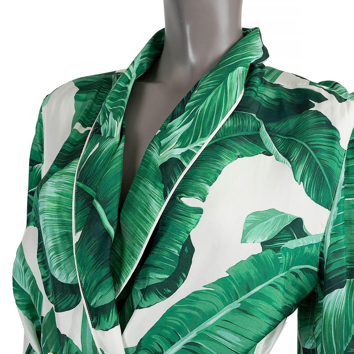 DOLCE & GABBANA green & white silk 2016 BANANA LEAF BELTED Jacket M For Sale 1