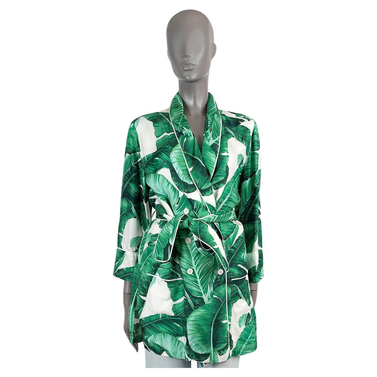 DOLCE & GABBANA green & white silk 2016 BANANA LEAF BELTED Jacket M For Sale