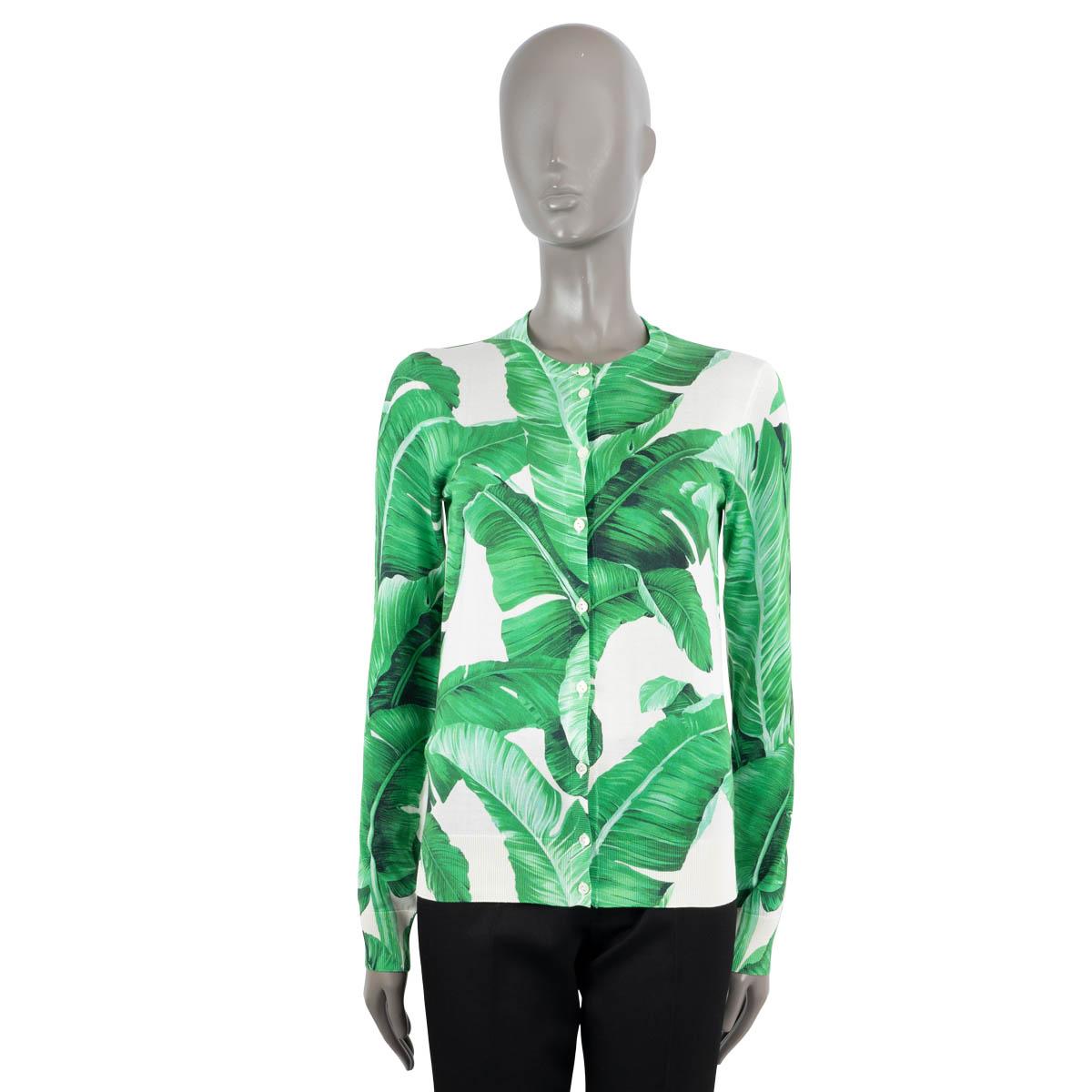 Green DOLCE & GABBANA green & white silk 2016 BANANA LEAF Cardigan Sweater S For Sale