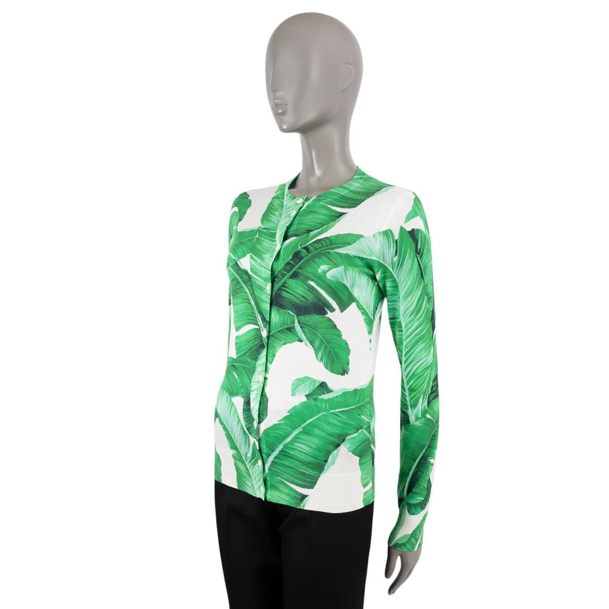 DOLCE & GABBANA green & white silk 2016 BANANA LEAF Cardigan Sweater S In Excellent Condition For Sale In Zürich, CH