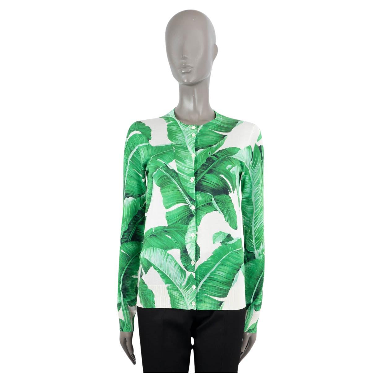 DOLCE & GABBANA green & white silk 2016 BANANA LEAF Cardigan Sweater S For Sale