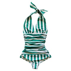Dolce & Gabbana Green White Striped Print One-Piece Swimsuit 40 IT
