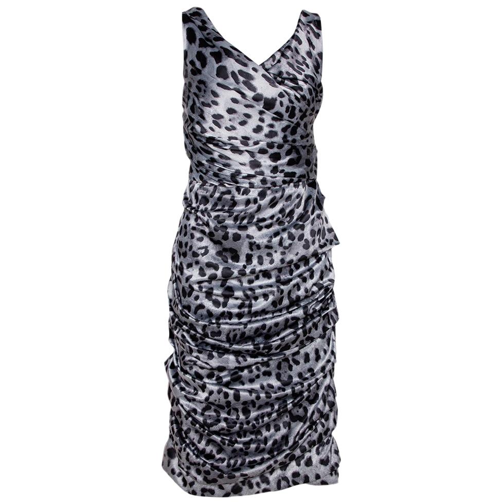 Dolce & Gabbana Grey Animal Print Silk Ruched Sleeveless Dress M