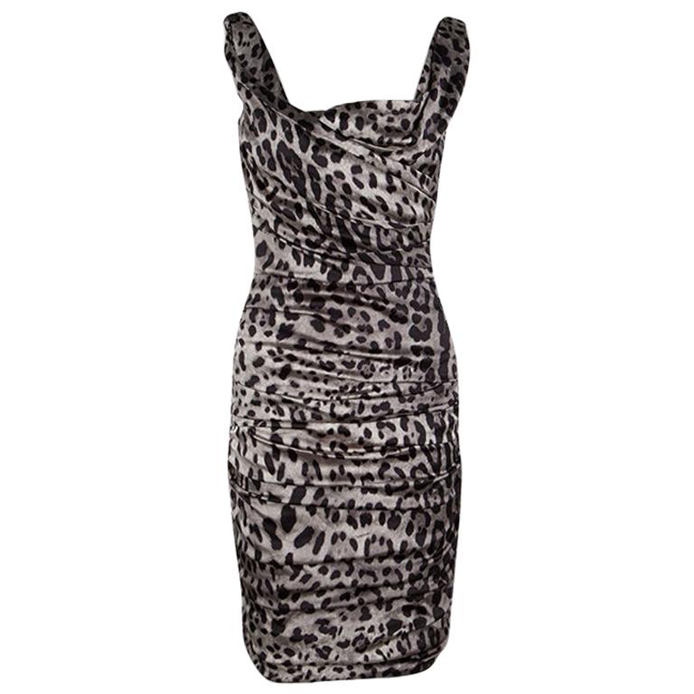 Dolce & Gabbana Grey Animal Print Silk Ruched Sleeveless Dress S