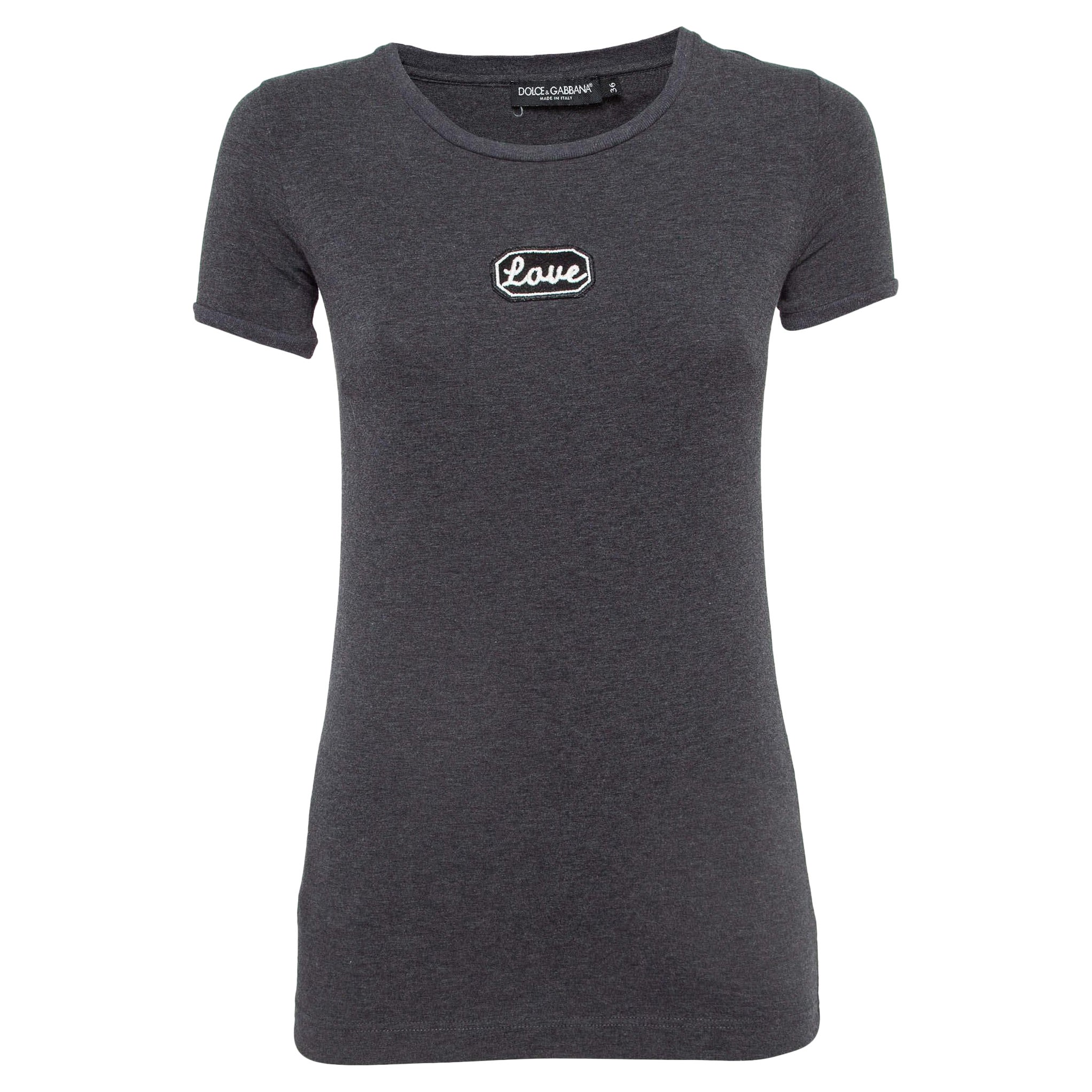 Dolce & Gabbana Graues T-Shirt aus Baumwolle mit Applikationen XS