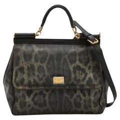 Dolce & Gabbana Grau/Schwarze beschichtete große Miss Sicily Top Handle Bag mit Leopardenmuster