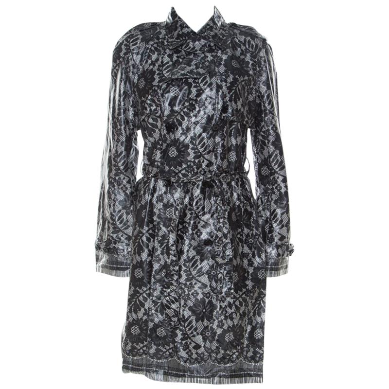 Dolce & Gabbana Grey Coated Silk Floral Lace Pattern Raincoat M