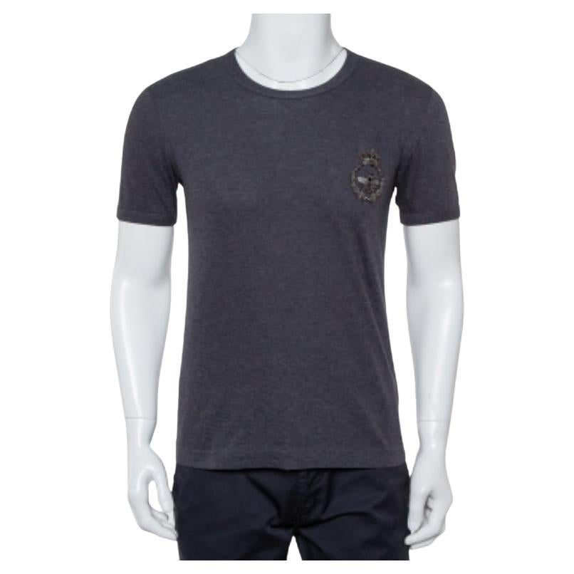 Dolce & Gabbana Grey Cotton Crown & Bee Patch T Shirt XS For Sale
