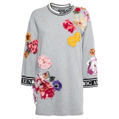 Dolce & Gabbana Grey Cotton Floral Appliqued Crewneck Pullover S