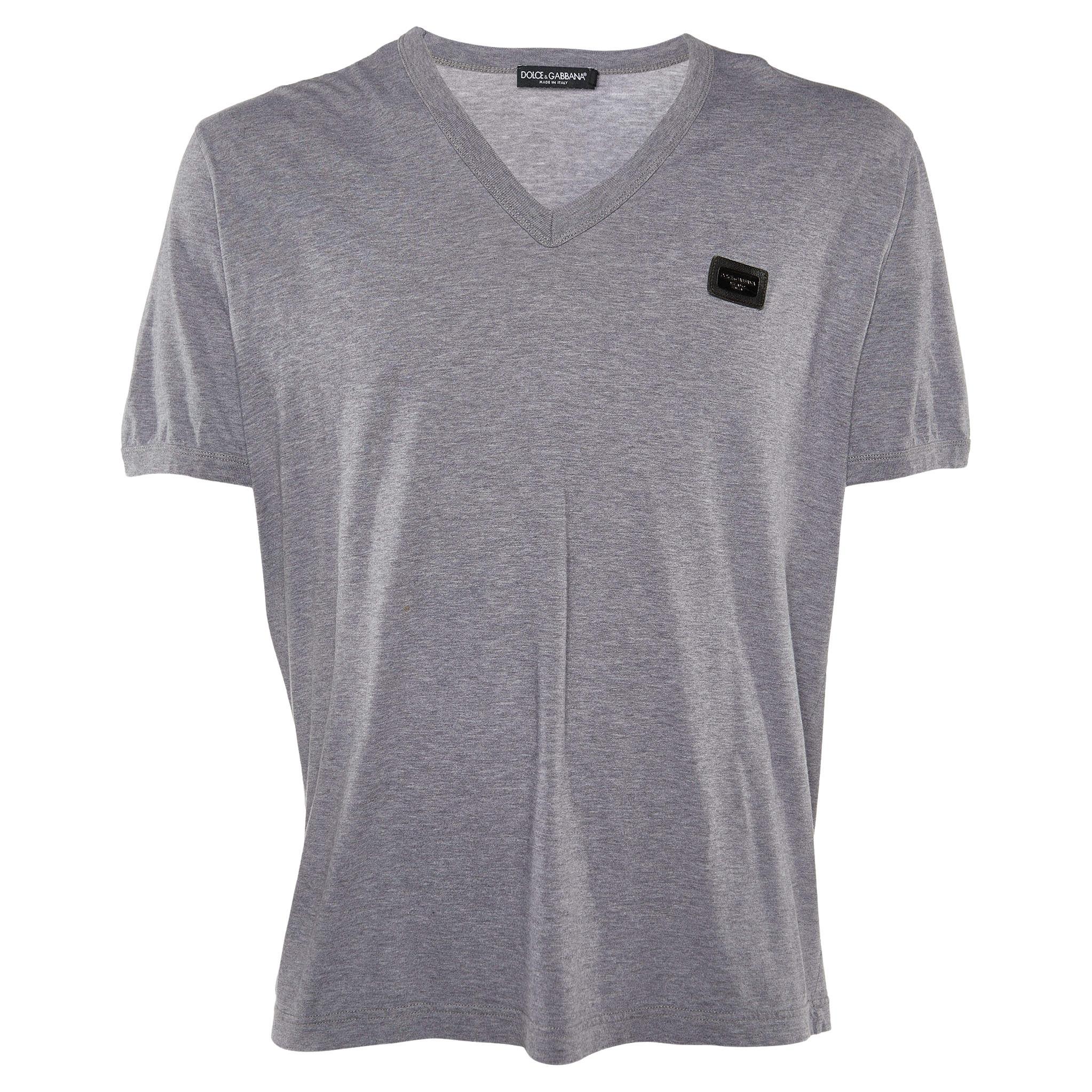 Dolce & Gabbana Grey Cotton Knit V-Neck T-Shirt 4XL