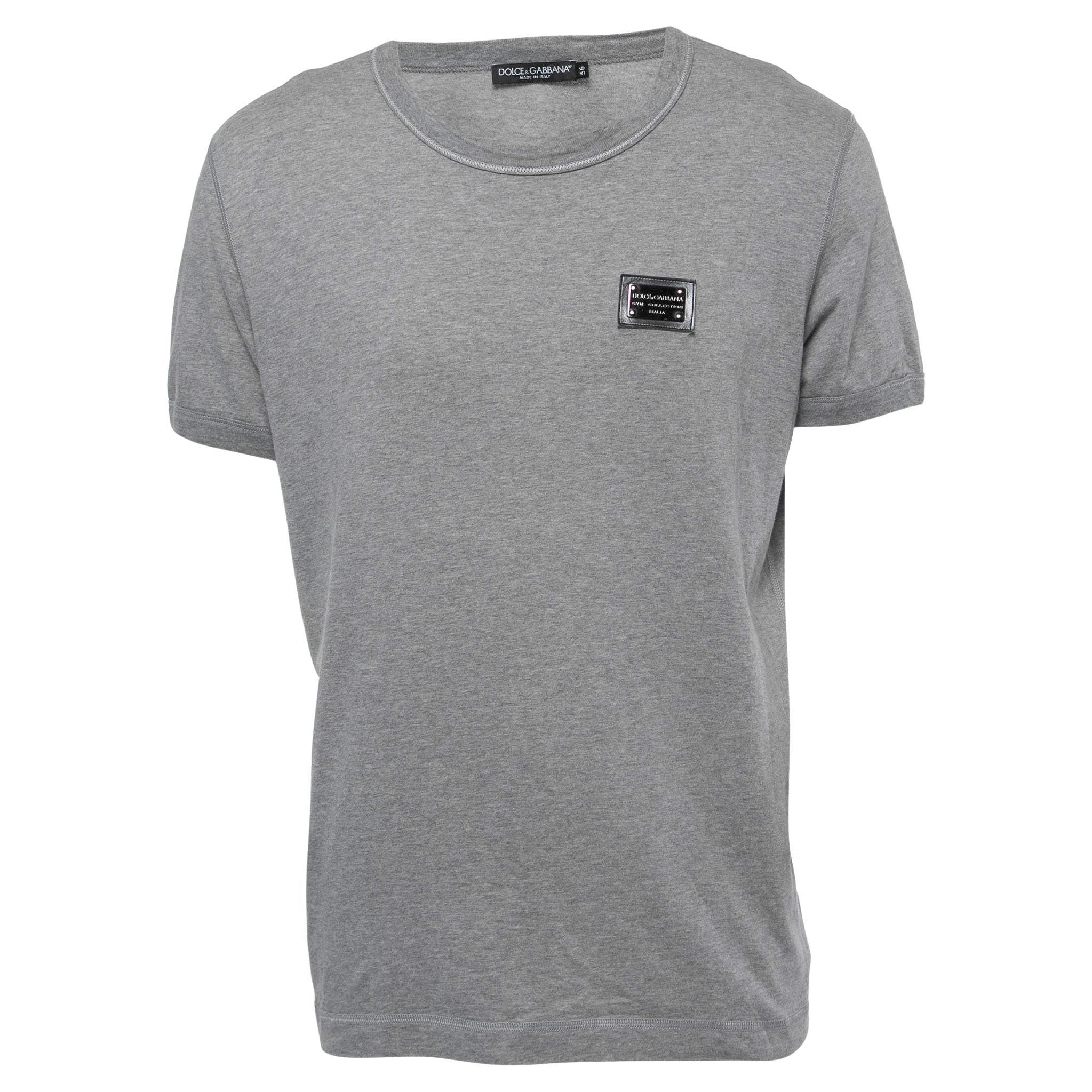 Dolce & Gabbana Grey Cotton Logo Detail Crew Neck T-Shirt 3XL For Sale
