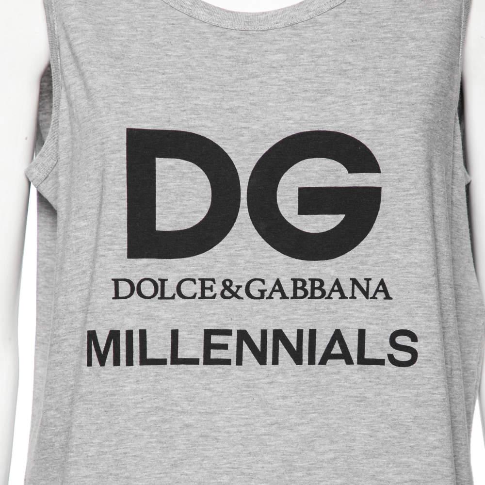 Dolce & Gabbana Grey Cotton Logo Printed Crewneck Tank Top M In Good Condition For Sale In Dubai, Al Qouz 2