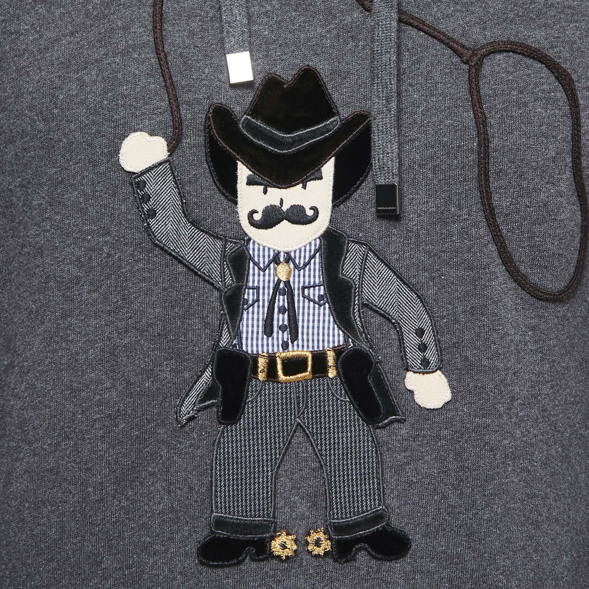 Black Dolce & Gabbana Grey Cowboy Patch Cotton Hoodie XS For Sale