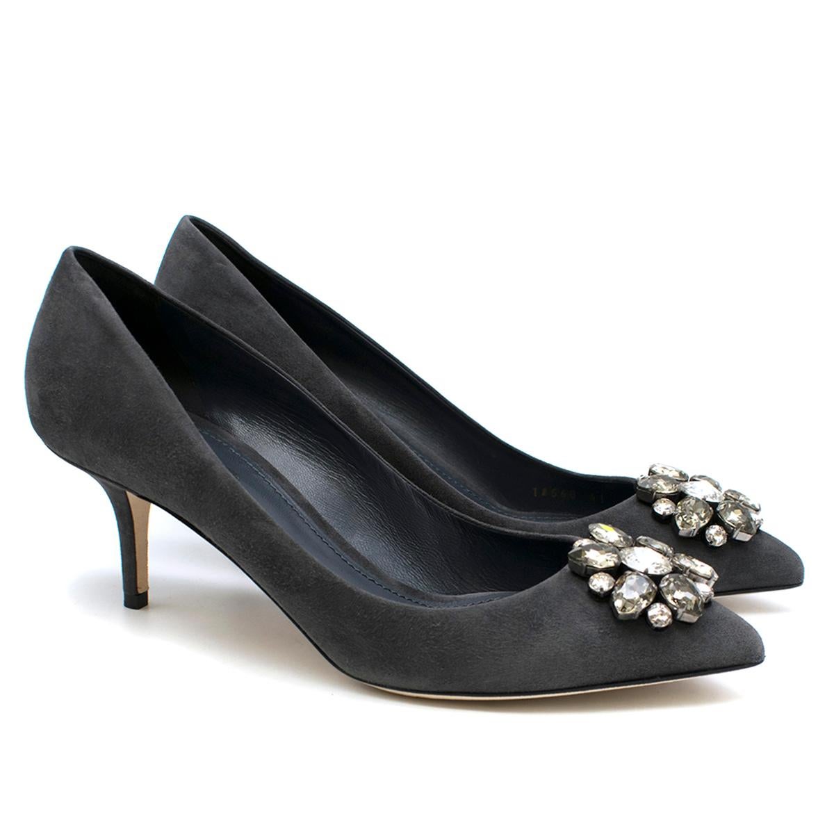 Dolce & Gabbana Grey Decollete Suede Brooch-detailed Pumps

- Grey, suede pumps
- Iconic crystal brooch embellishment in silver & light gold
- Point-toe
- Leather insole with branded label
- Smooth sole with logo detail
- Low stiletto heel
- 100%