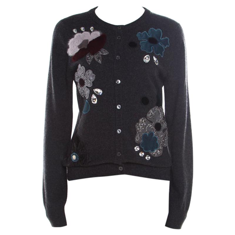 Dolce 
Gabbana Grey Embellished Floral Applique Detail Cashmere Cardigan M