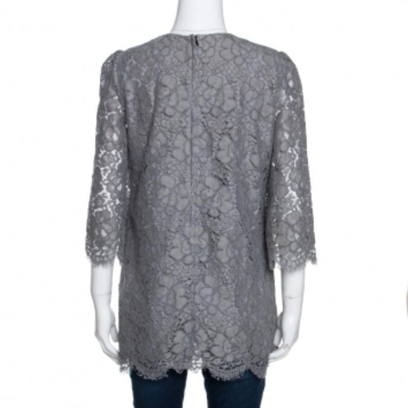 Dolce & Gabbana Grey Floral Corded Lace Three Quarter Sleeve Top M Gris en venta