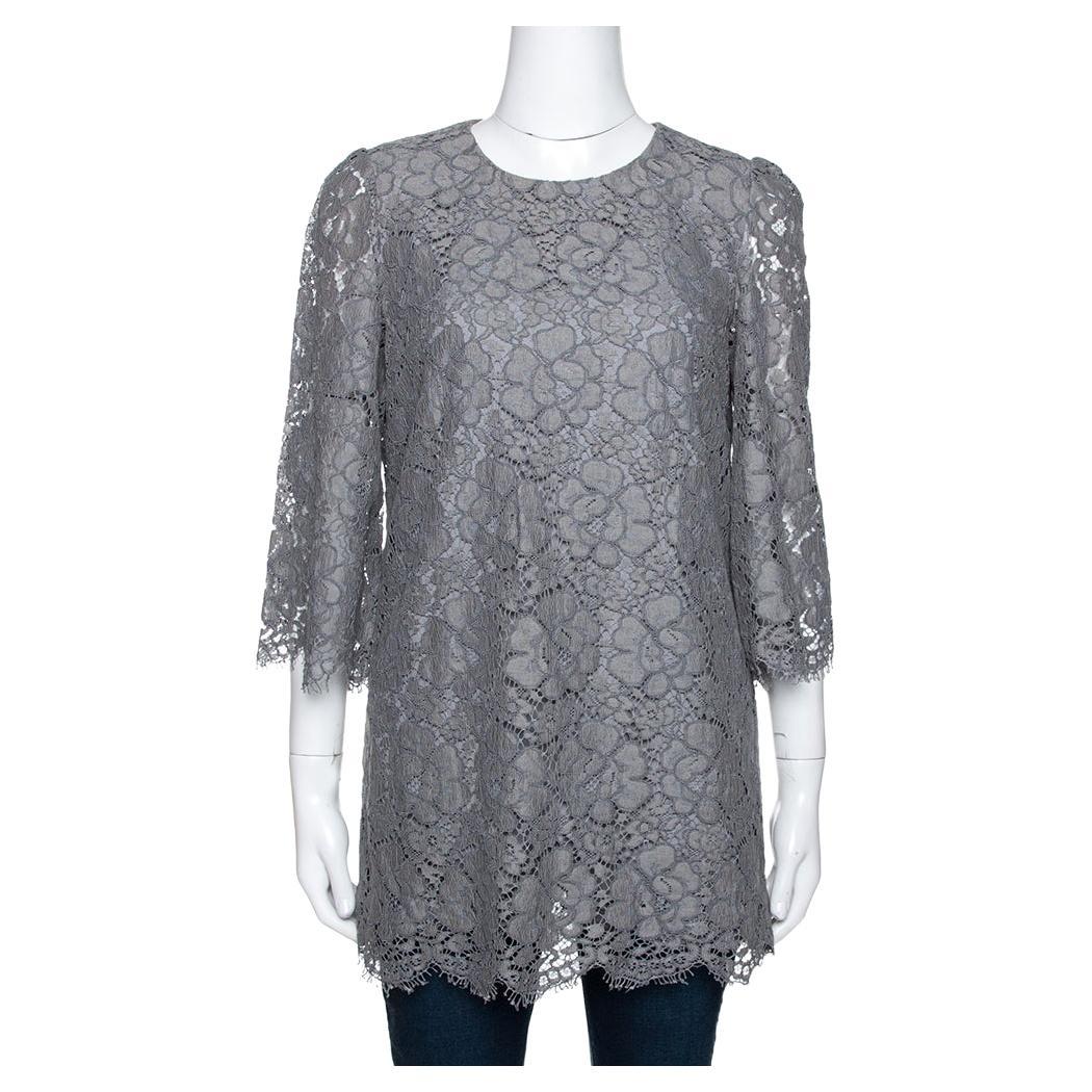Dolce & Gabbana Grey Floral Corded Lace Three Quarter Sleeve Top M For Sale