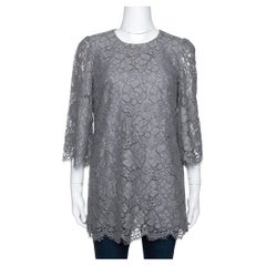 Dolce & Gabbana Grey Floral Corded Lace Three Quarter Sleeve Top M